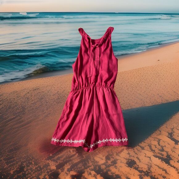 Blue Rain ROMPER Medium PINK Sleeveless EMBROIDERED Halter Tie Elastic Waist - Picture 5 of 5